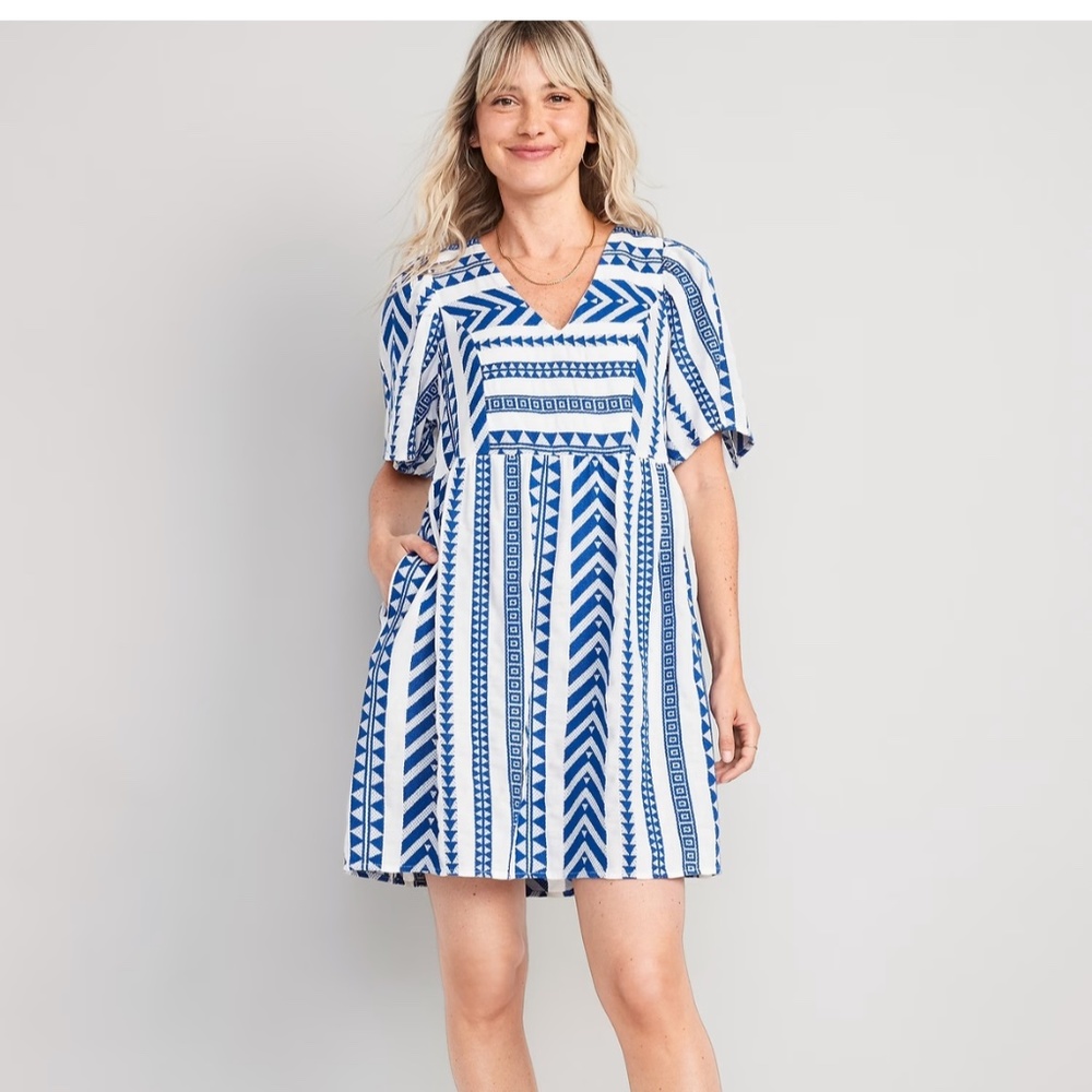 NWT Old Navy Flutter-Sleeve V-Neck Jacquard Mini Swing Dress in Tanzanite Blue